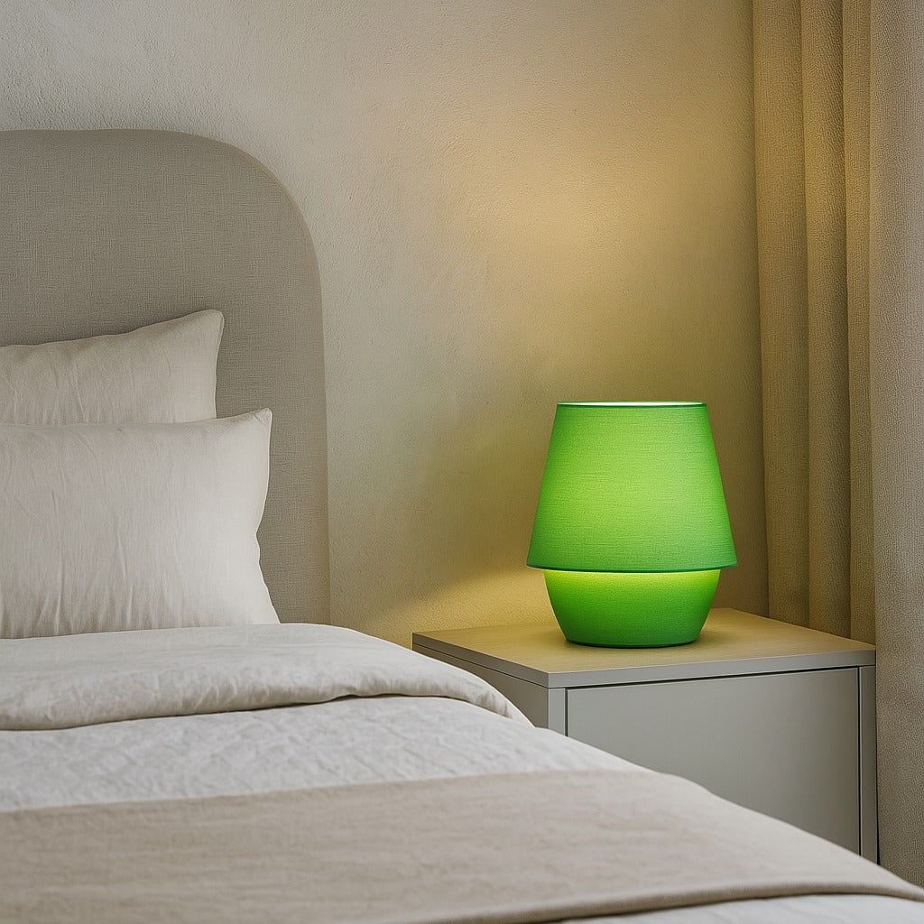 Green lamp on a nightstand next to a bed with beige bedding.