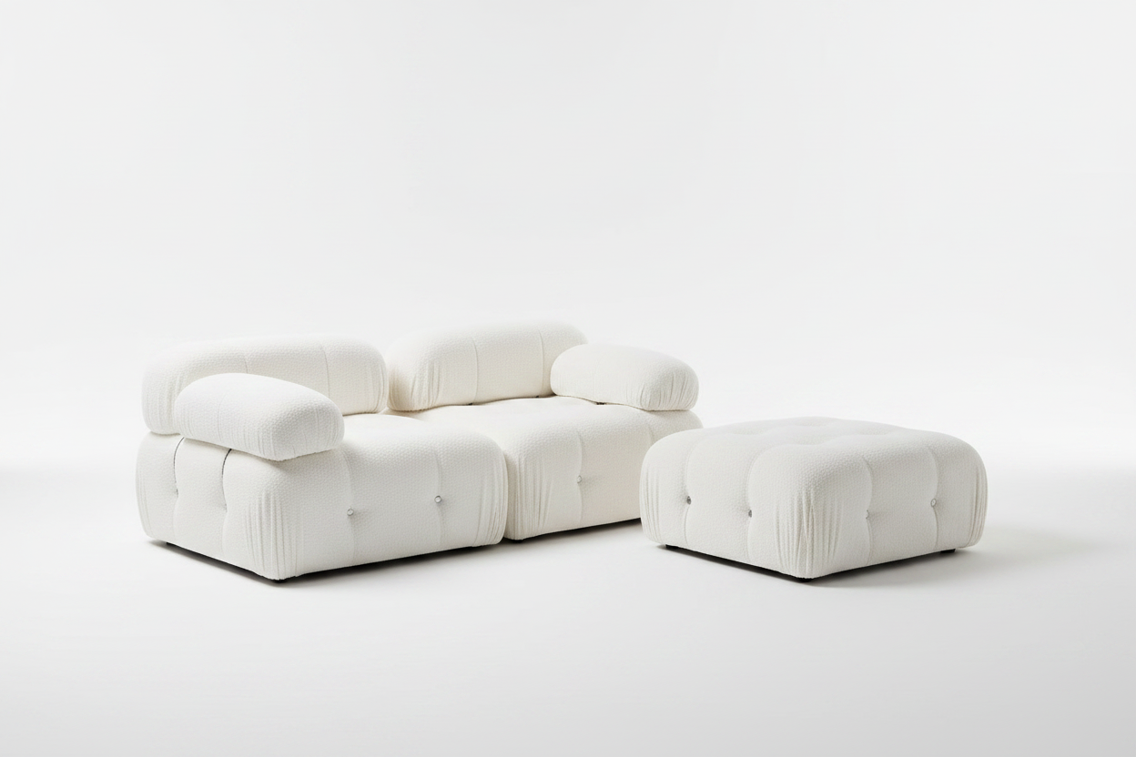Bubble 2-Seater Sofa + Ottoman – White Curly Wool | Modern Designer Sofa