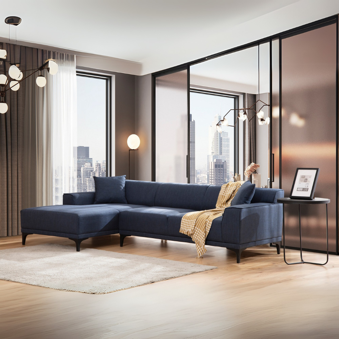 Petra – Blue L Shape Corner Sofa | Designer Sectional for Living Room