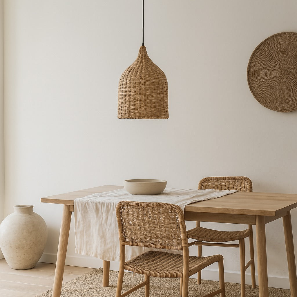 Dining room with wooden table, chairs, and a woven pendant light.